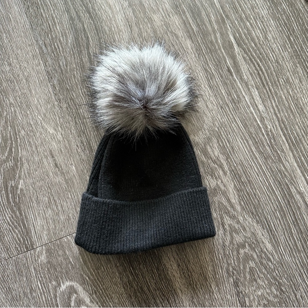 Black Fur Pom Pom Knit Beanie